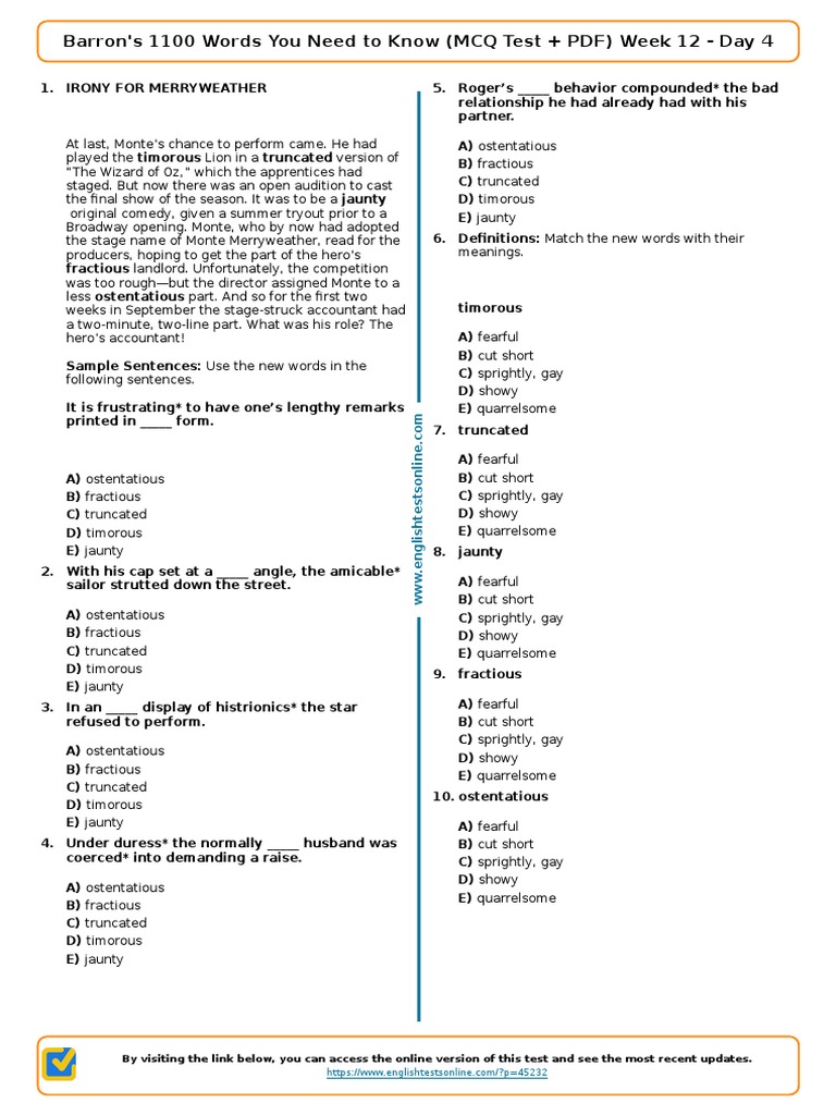 2125 Barrons 1100 Words You Need To Know MCQ Test PDF Week 12 Day 4 | PDF