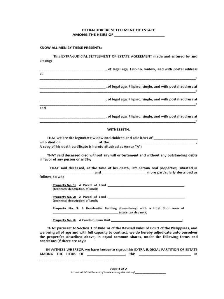 Extrajudicial Settlement of Estate Blank PDF