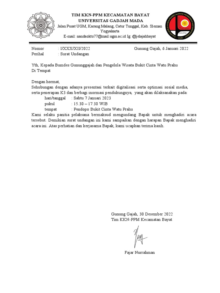 Surat Undangan Presentasi KKN UGM | PDF