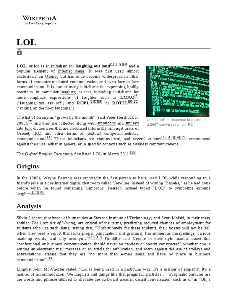 Origins lol or lol is an initialism for laughing out loud pdf