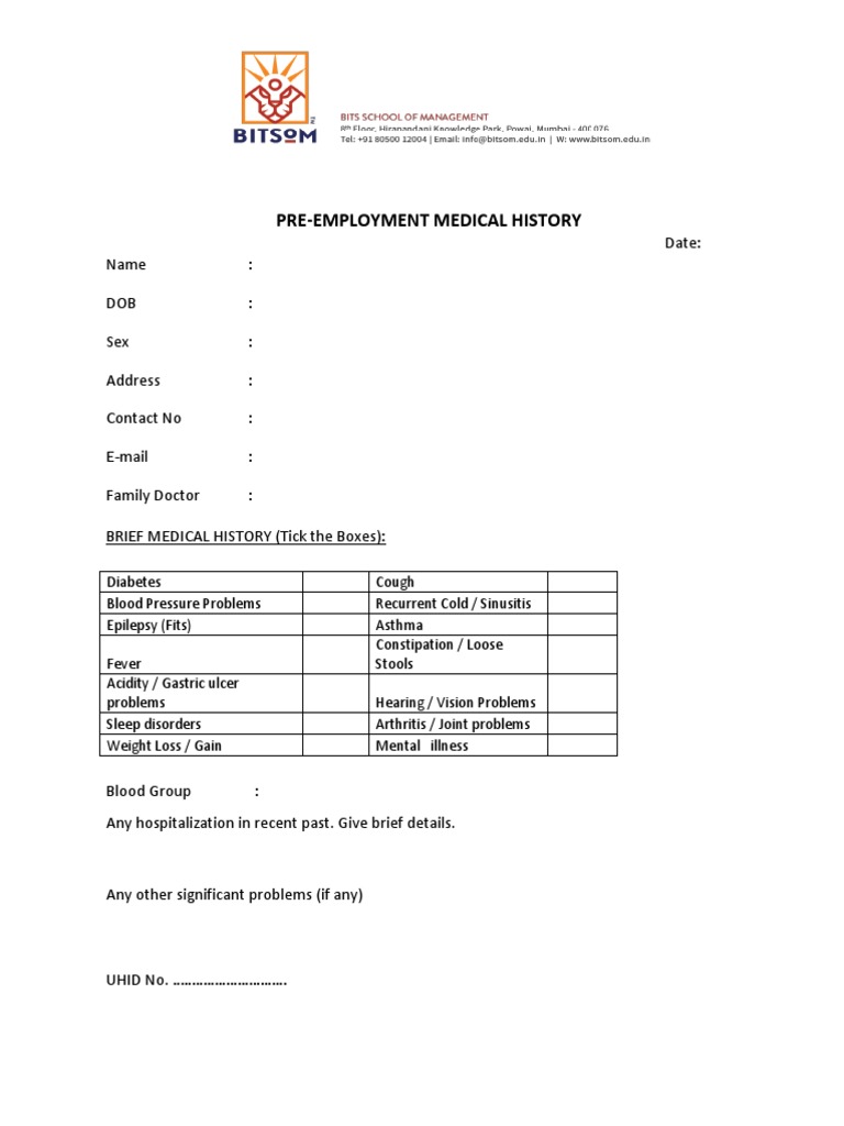 Pre-Employment Medical Examination Form | PDF