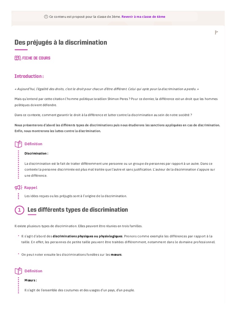 Des Préjugés À La Discrimination - Fiche de Cours - Enseignement Moral ...
