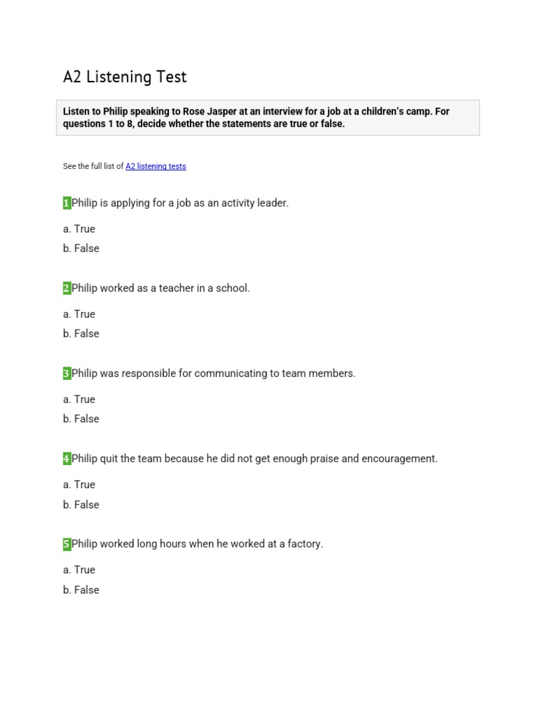 A2 Listening Test Pdf