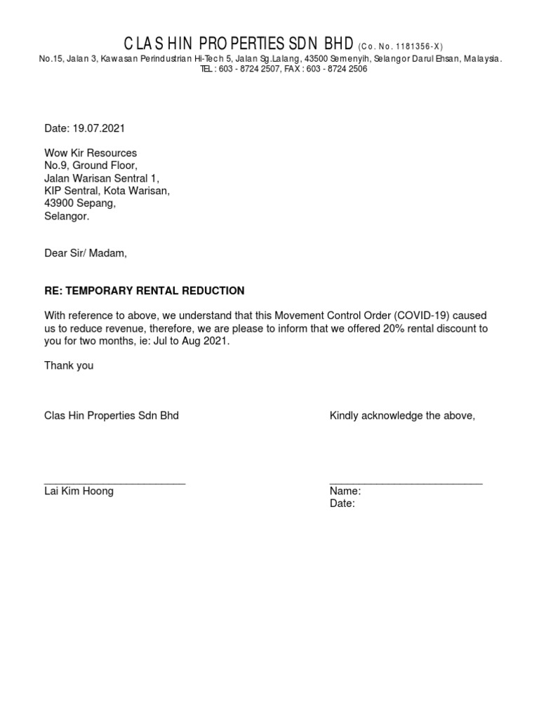 Temporary Rental Reduction Offer | PDF | Business | Finance & Money ...