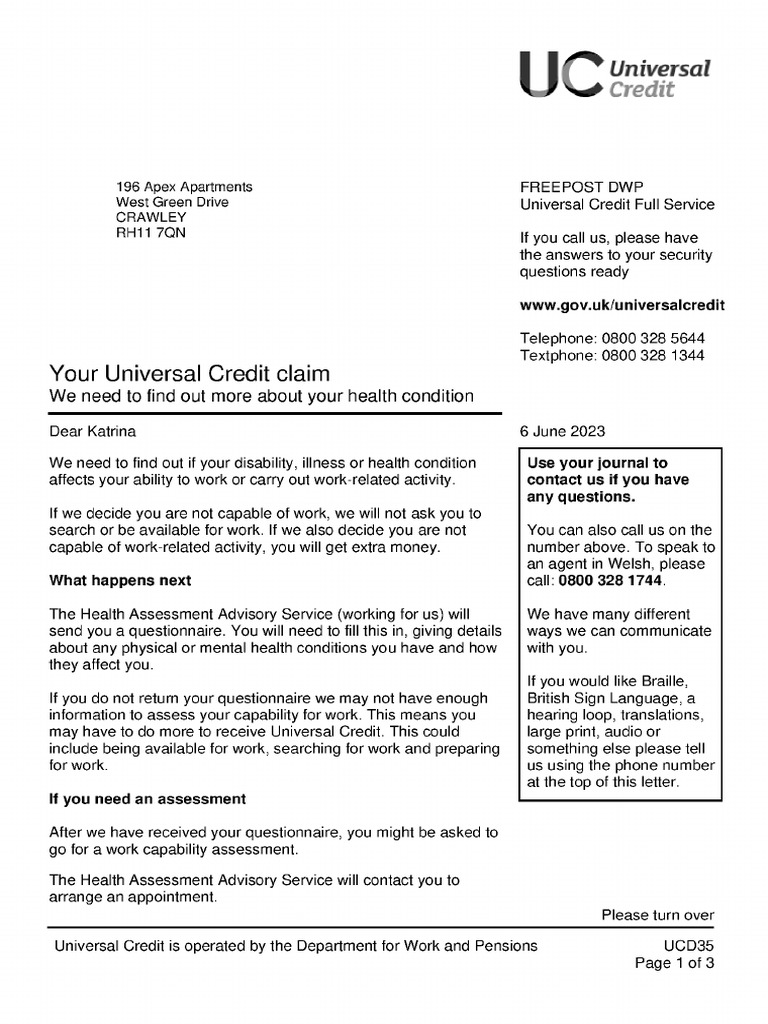 Universal Credit Health Assessment Guide | PDF | Finance & Money ...