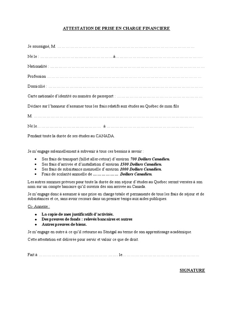 Attestation de Prise en Charge Financière | PDF | Droit