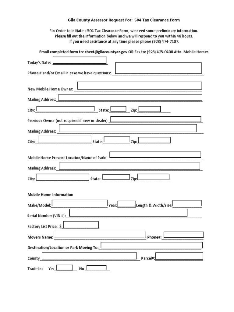 504 Mobile Home Tax Clearance Request Form FillinForm PDF