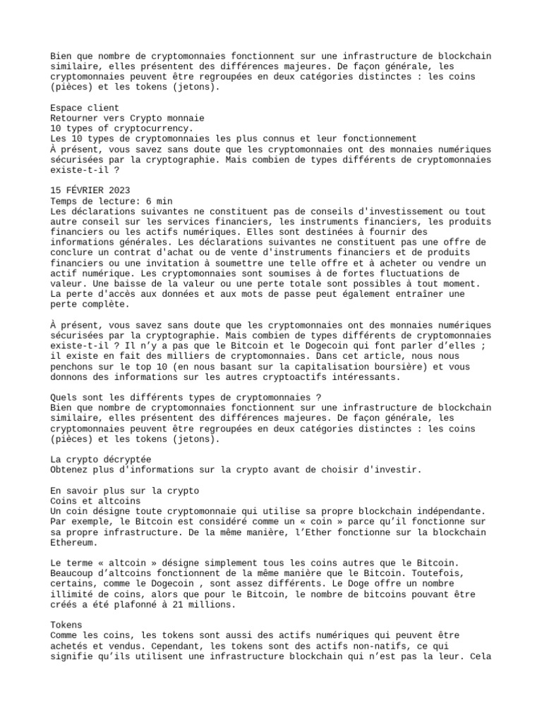 Types de cryptomonnaies : coins et tokens | PDF | Crytomonnaies | Argent