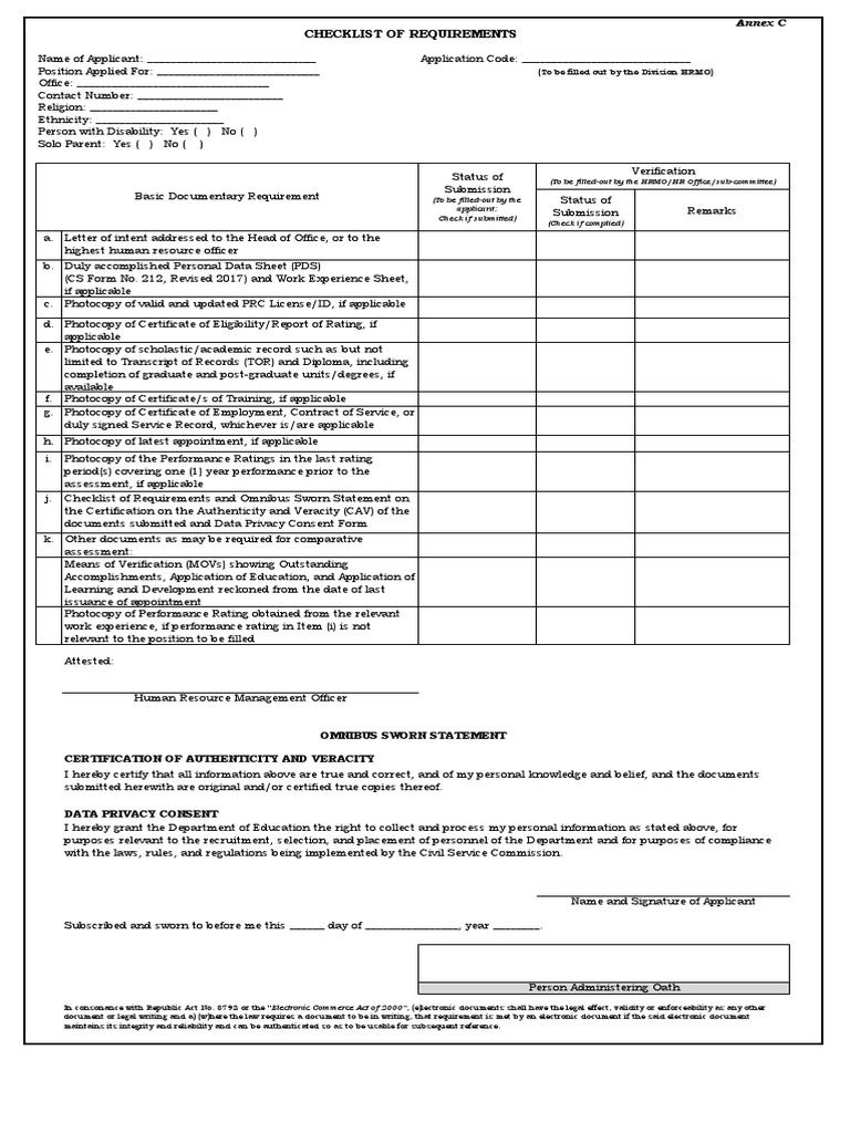 Annex C Checklist of Requirements New PDF Authentication Business