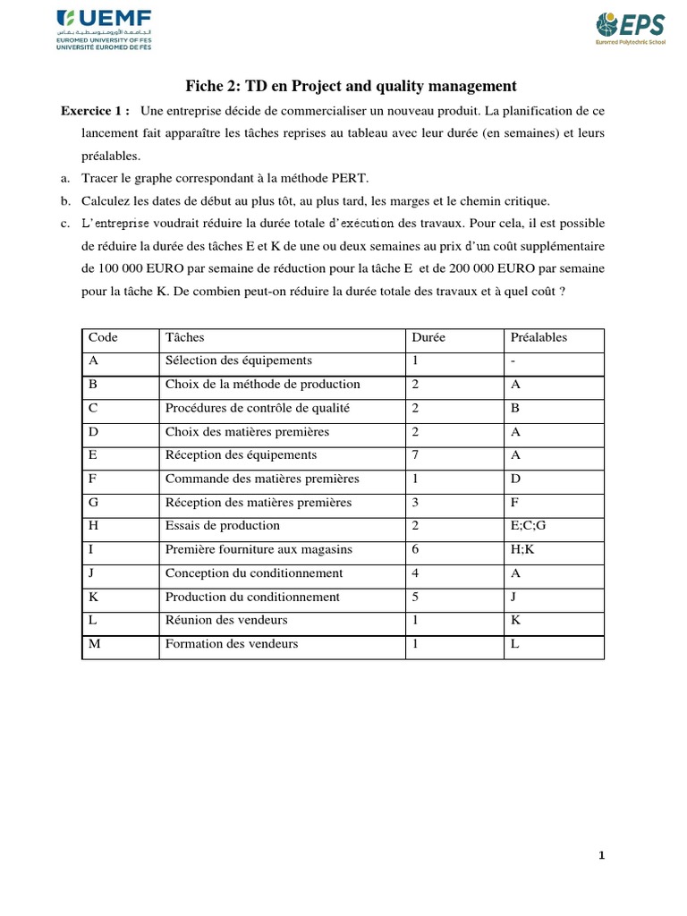 TD Project and Quality Management - Fiche 2 | PDF