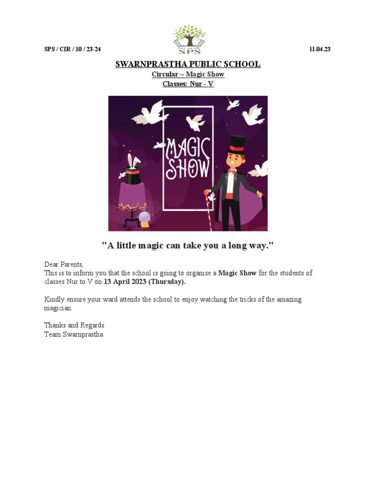 Magic Show for Classes Nur-V on April 13 | PDF