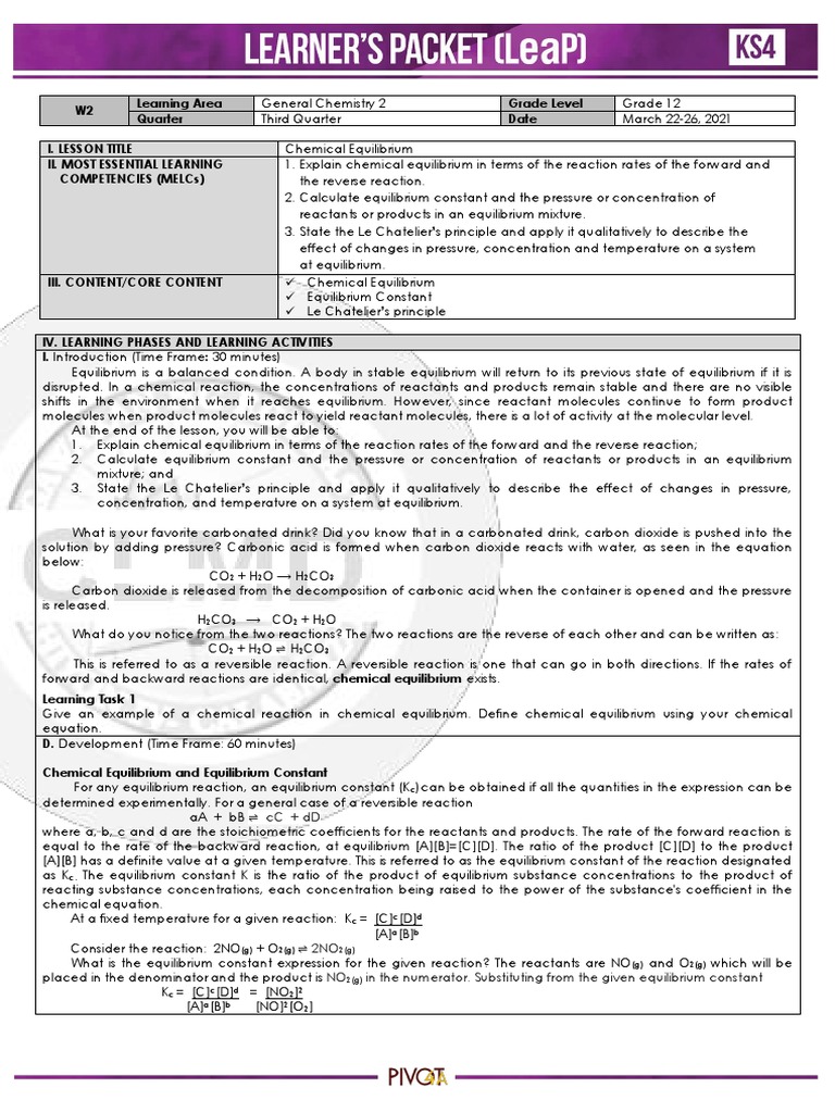 Chemical Equilibrium Lesson Plan | PDF | Teaching Methods & Materials ...