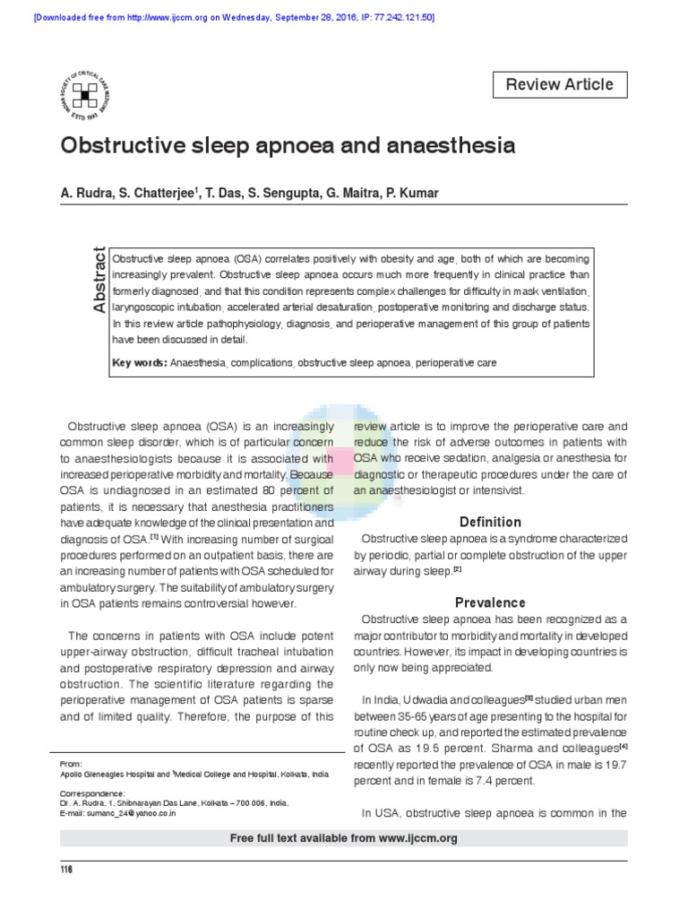 Obstructive Sleep Apnoea and Anaesthesia PDF Anesthesia Sleep Apnea