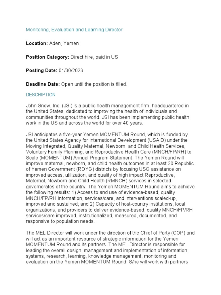 MEL Director Position in Yemen | PDF | Career & Growth | Business