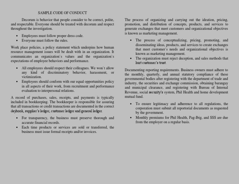Sample Code of Conduct | PDF | Bookkeeping | Business