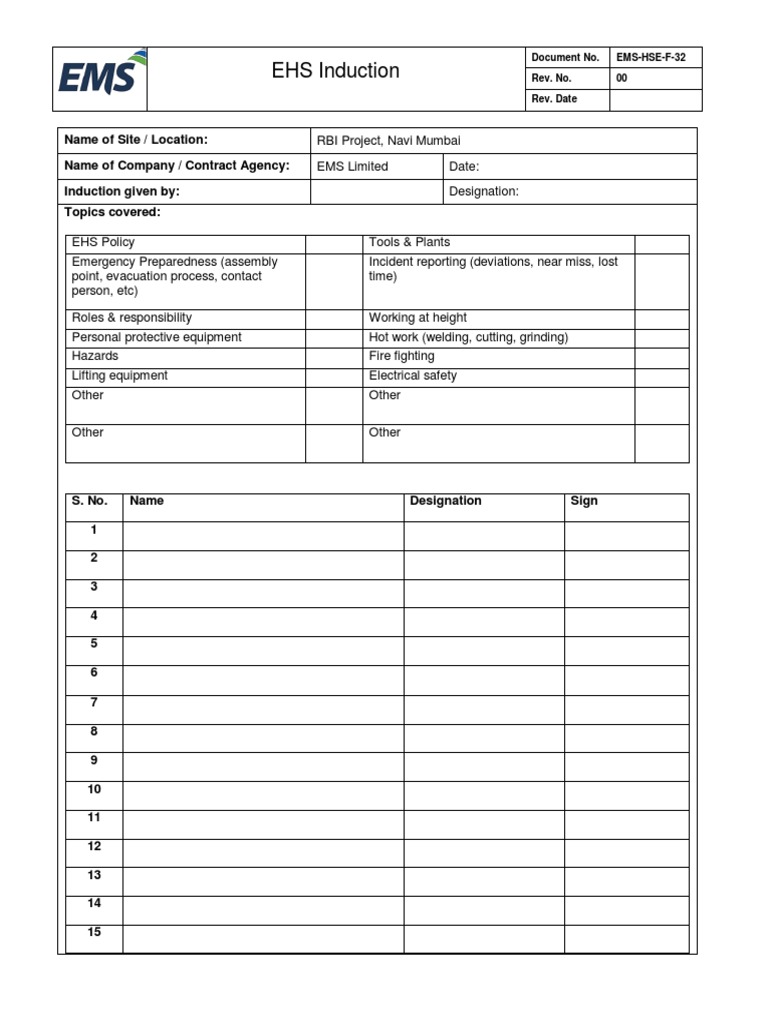 EHS Induction Guide for RBI Project | PDF