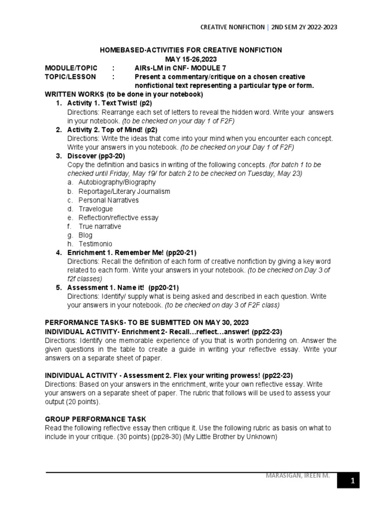 CNF Homebased-Activities May15-26 2023 | PDF | Creative Nonfiction ...