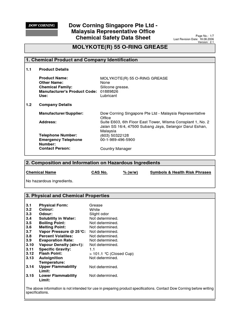 Molykote 55 O Ring Grease PDF Personal Protective Equipment