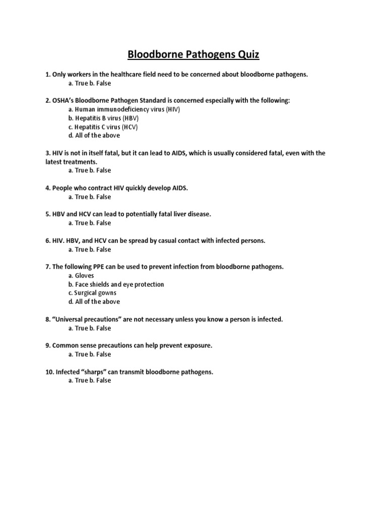 Bloodborne pathogens quiz 3 pdf