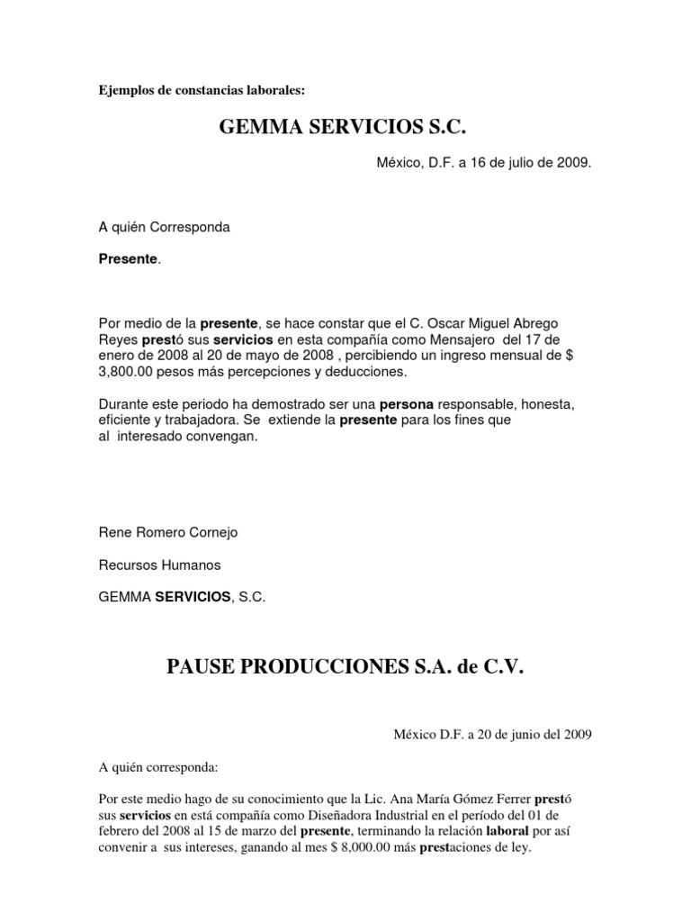 Ejemplos de Constancias Laborales