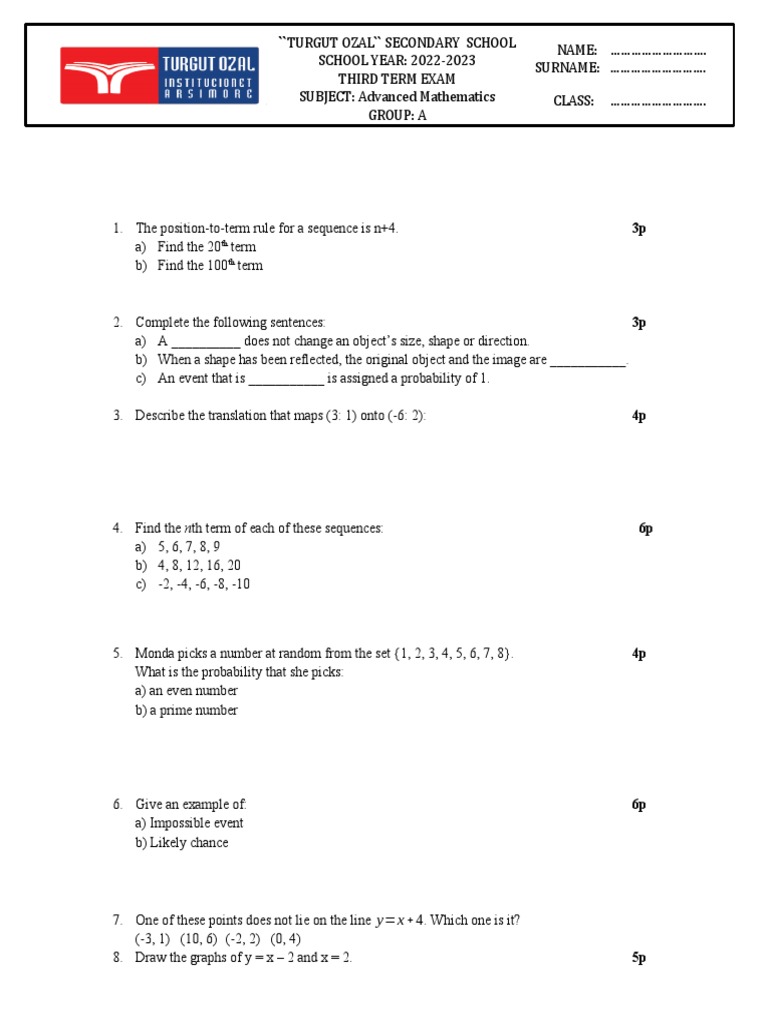 3rd Term Exam 6th Grade (A) | PDF