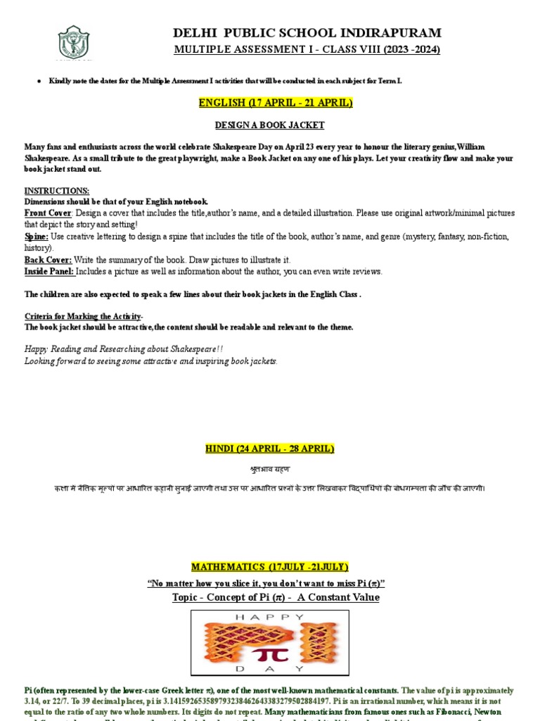 MULTIPLE ASSESSMENT I CLASS VIII 202324.docx 2 | PDF | Pi | Numbers