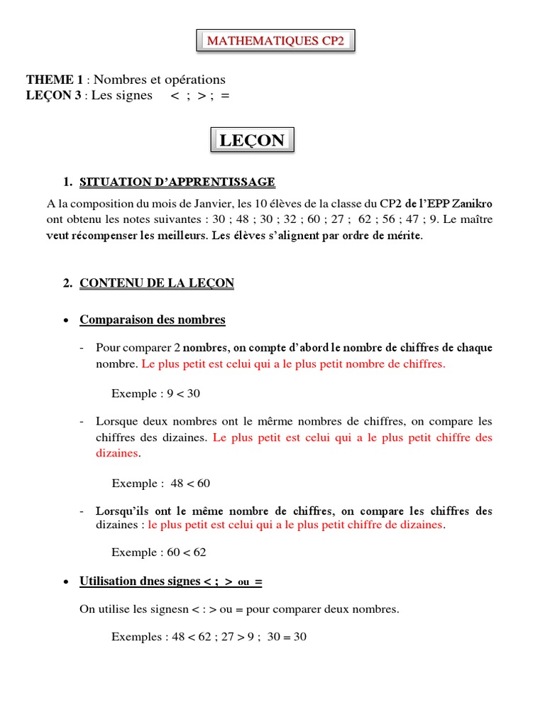 Signes de comparaison en mathématiques CP2 | PDF | Échecs