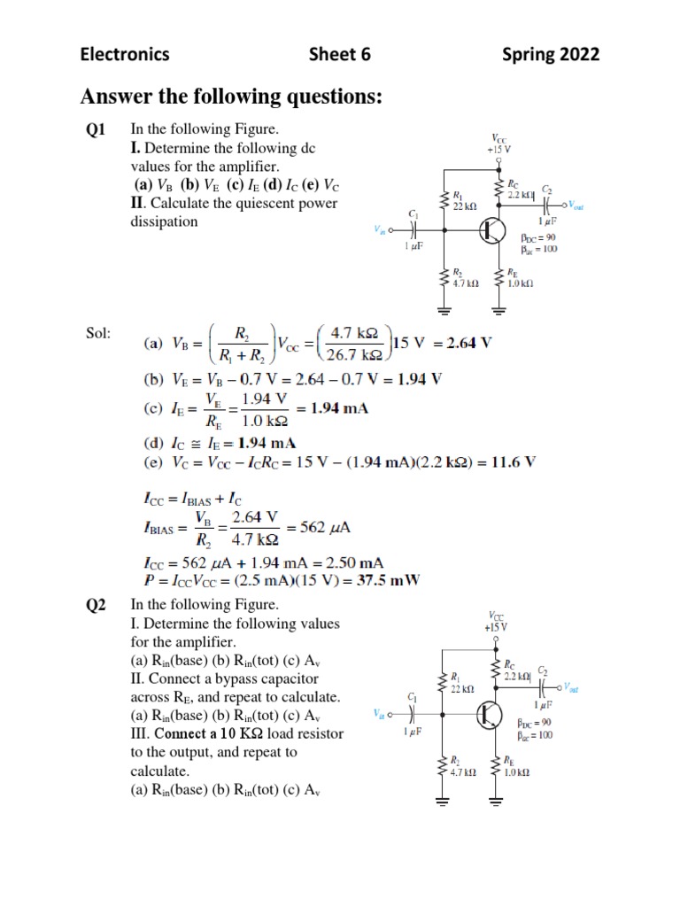 Sheet 6 Electronics Answer PDF Amplifier Electronic Circuits