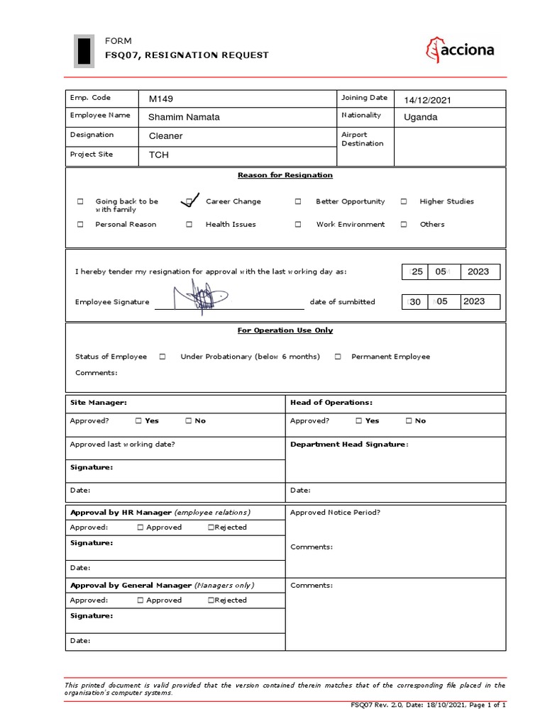 M149 Resignation Request Form | PDF