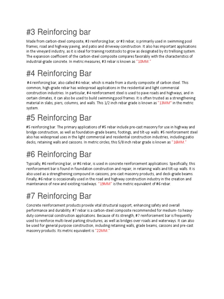 Rebar Sizes PDF Concrete Building Materials