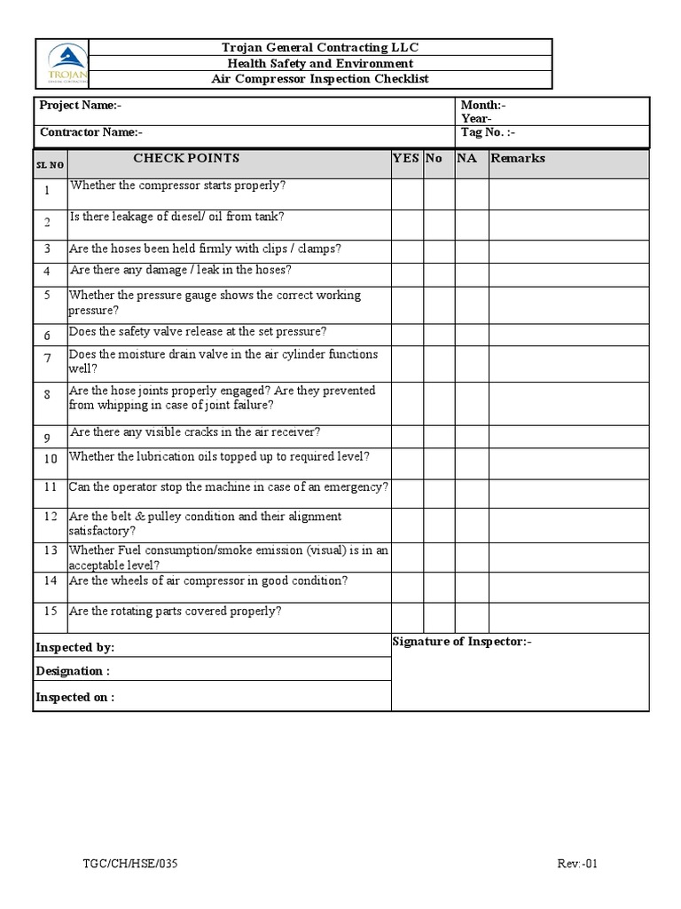 Air Compressor Inspection Checklist | PDF