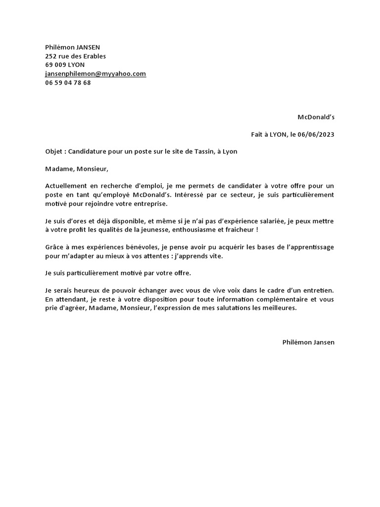 Lettre de Candidature Offre D'emploi Philémon Jansen PDF