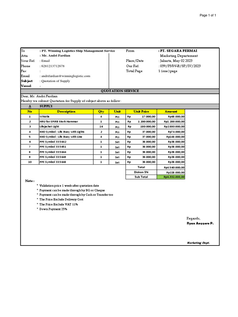 Quotation for Supply Vessel Services | PDF | Business