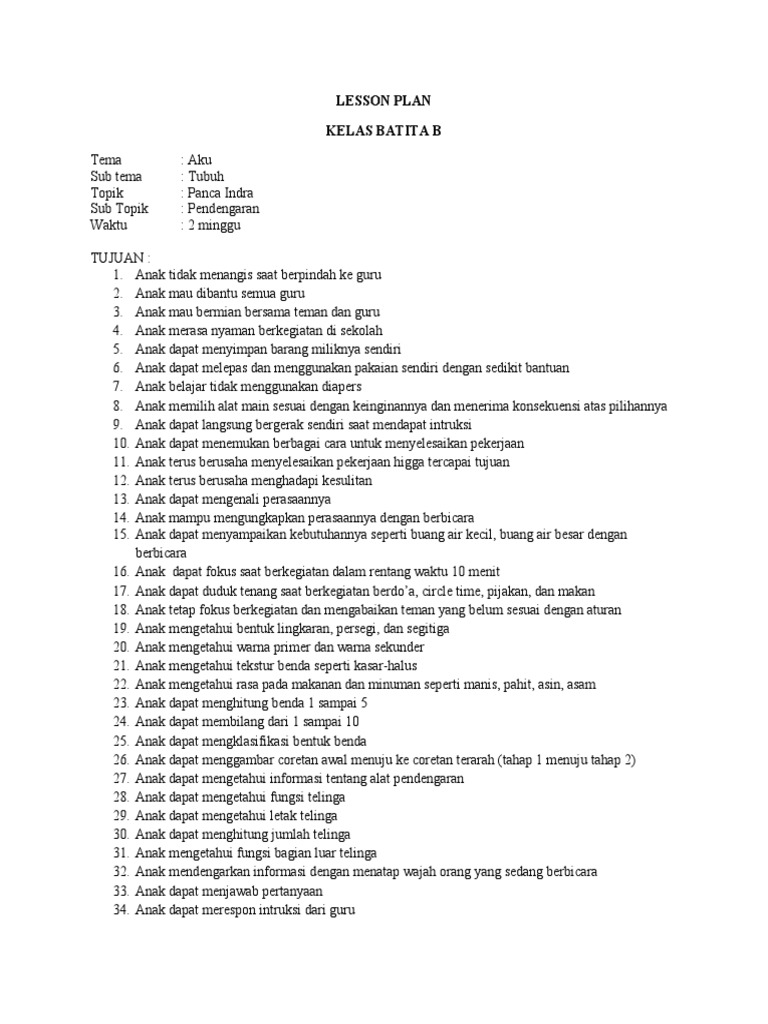 LESSON PLAN TEMA, Pendengaran | PDF