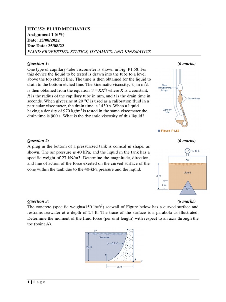 Fluid Mechanics Assignment 1 Guide | PDF | Pressure | Liquids