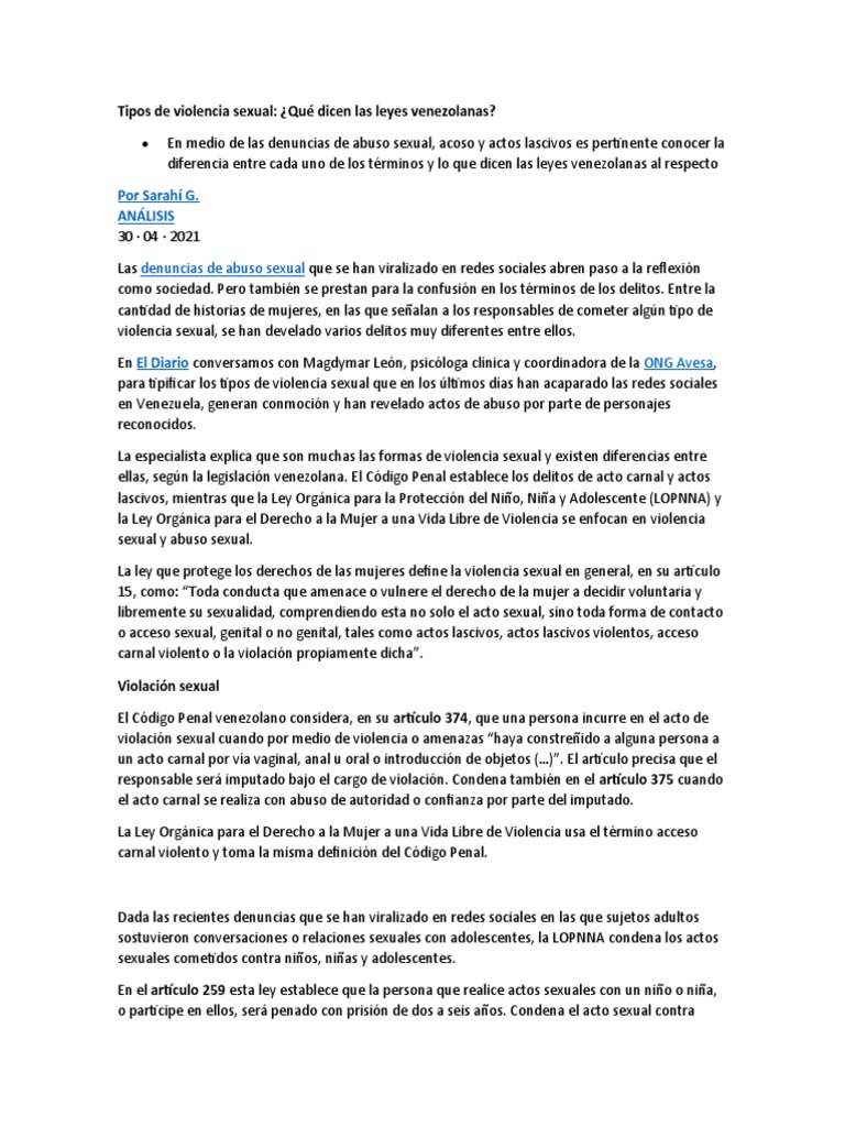 Tipos de Violencia Sexual | PDF | Violación | La violencia contra las ...