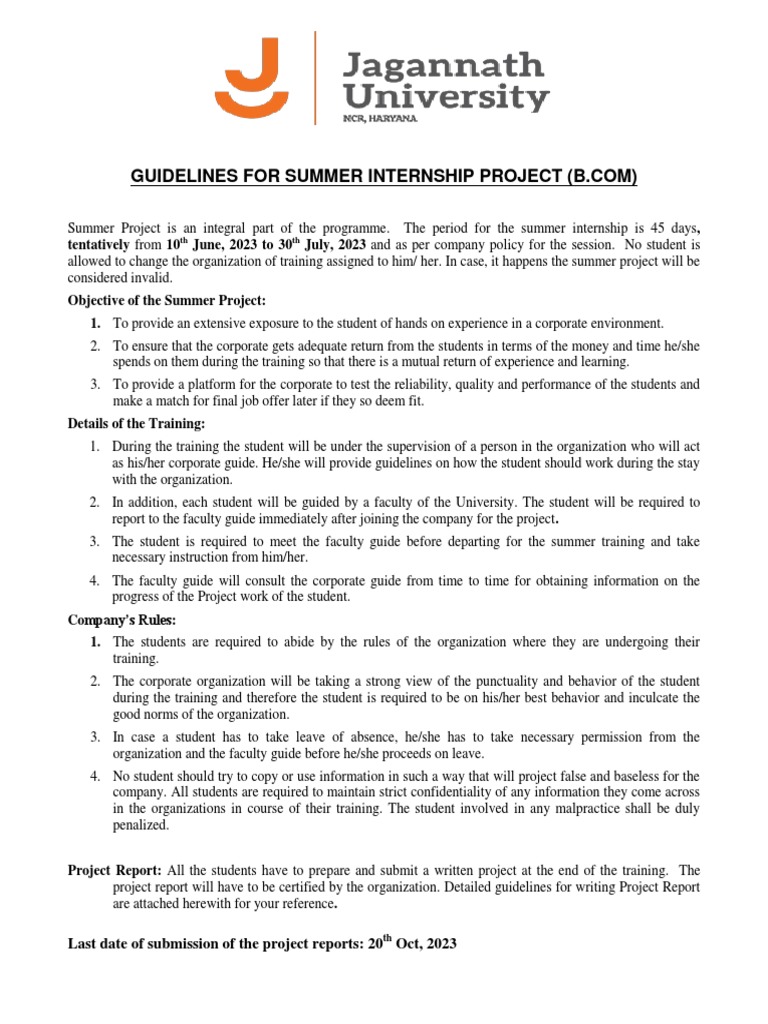B.Com Summer Internship Guidelines | PDF | Methodology | Sampling ...