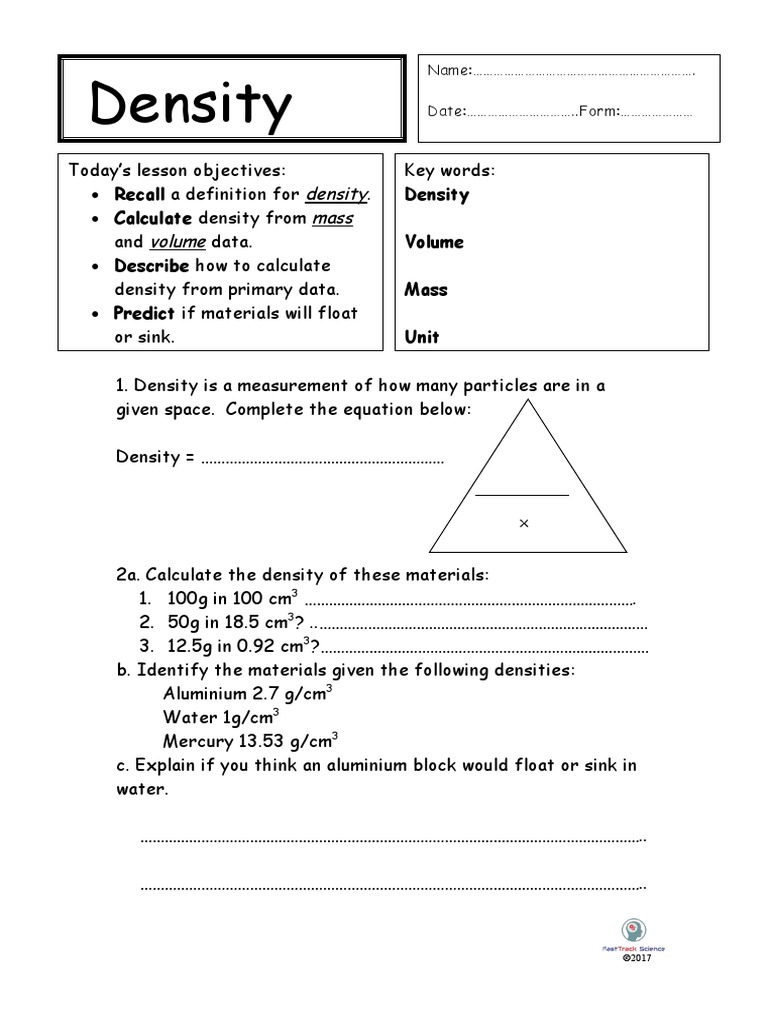Density Worksheet PDF