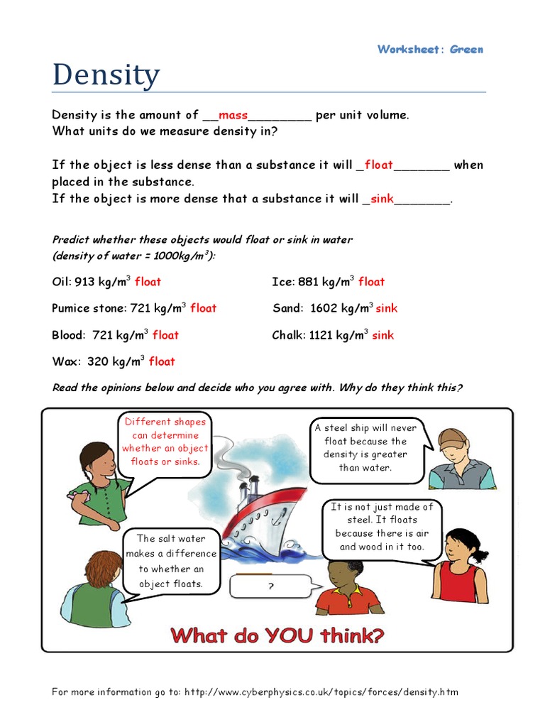 Density Green Worksheet | PDF