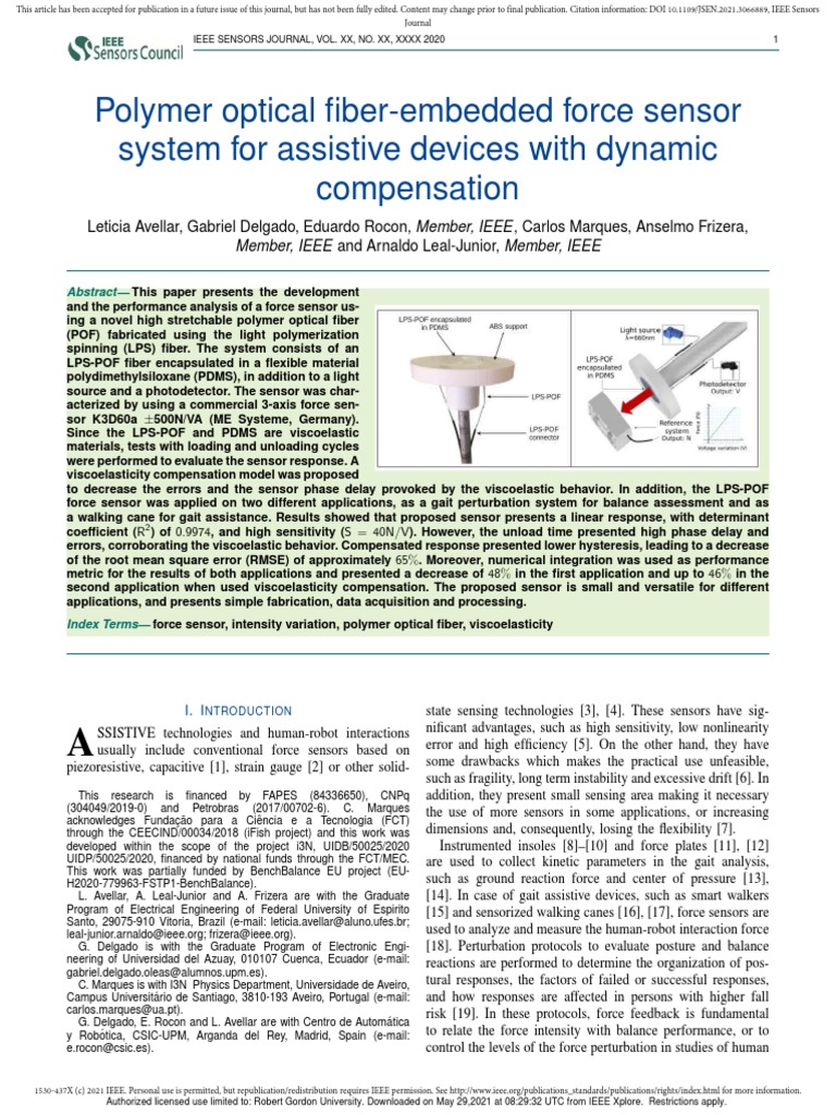 Polymer Optical Ber-Embedded Force Sensor System For Assistive Devices ...