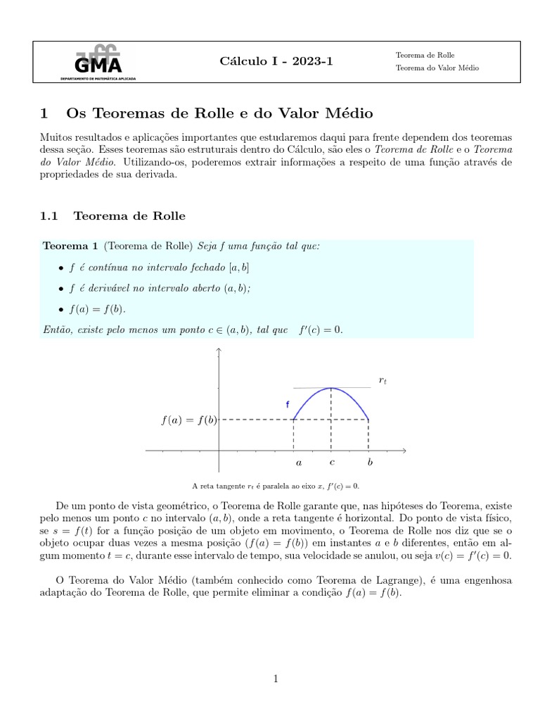 Teoremas de Rolle e Valor Médio | PDF | Derivado | Cálculo