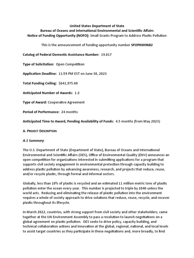 FINAL - Plastic Small Grants NOFO Document | PDF | Waste | Municipal ...
