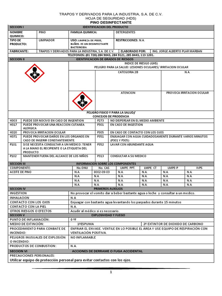Hoja de Seguridad Pino Desinfectante PDF Agua Sodio