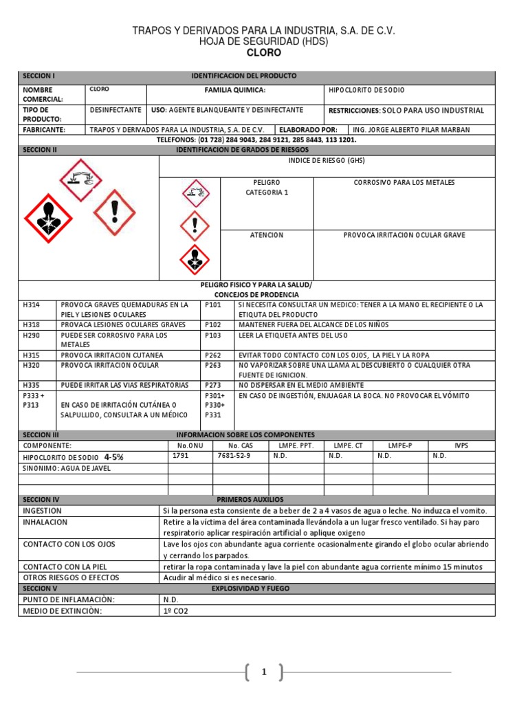 Hoja de Seguridad del Cloro | PDF | Agua | Cloro