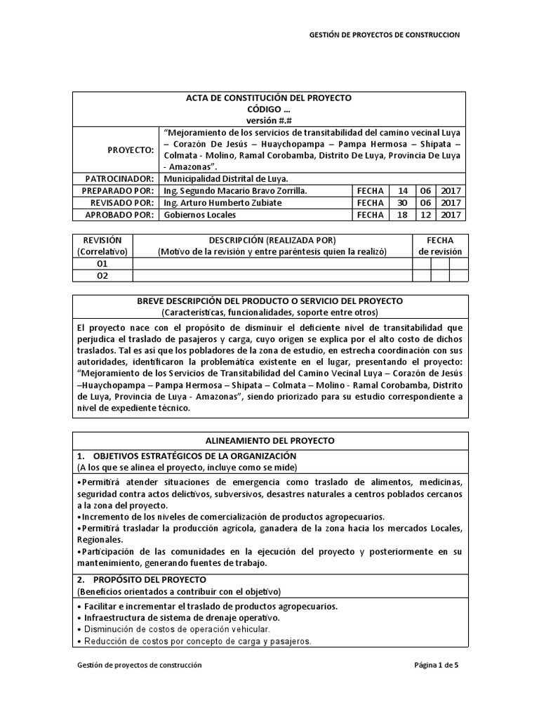 01. Modelo Acta de Constitucion del Proyecto | PDF | Infraestructura ...