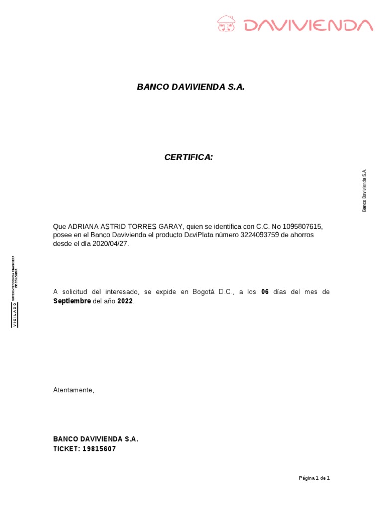 Certificado Bancario Daviplata | PDF