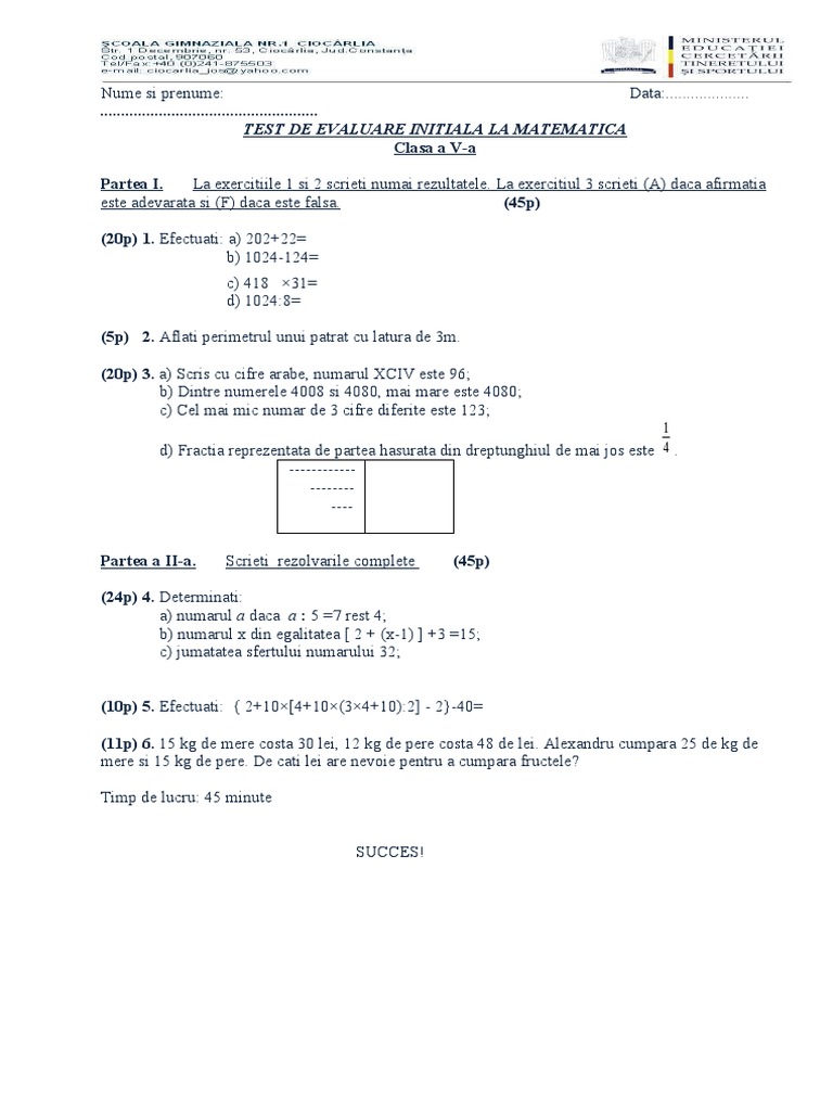 Test de Evaluare Initiala La Matematica | PDF