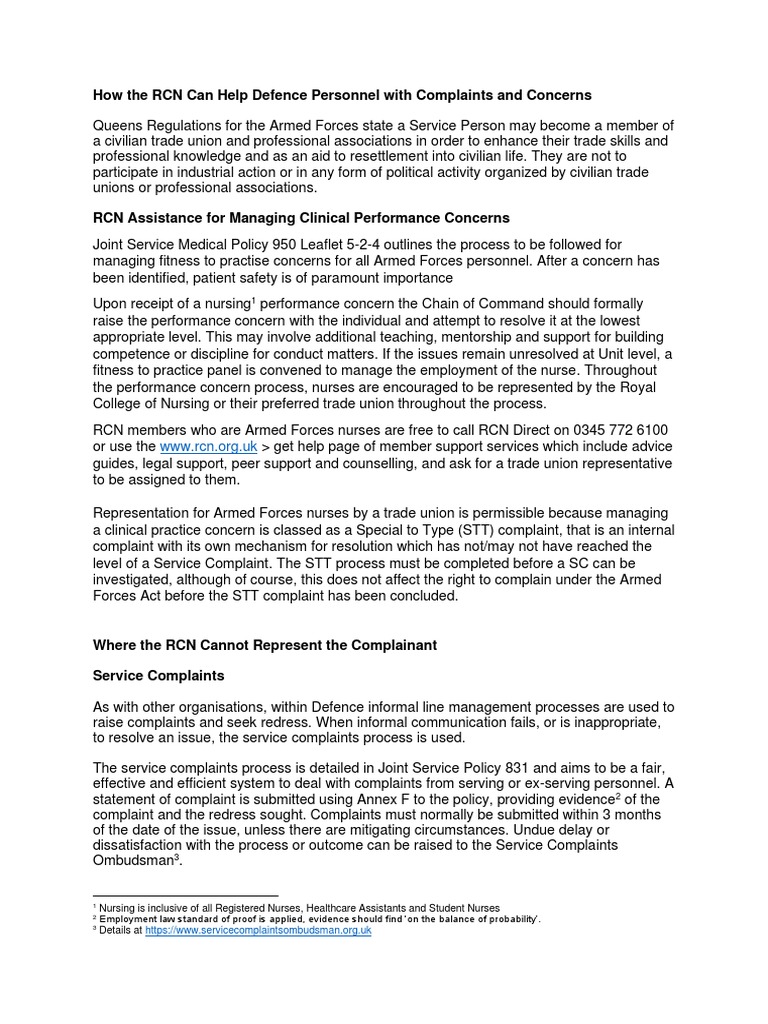 RCN Support for Defence Complaints | PDF | Nursing | Health Care