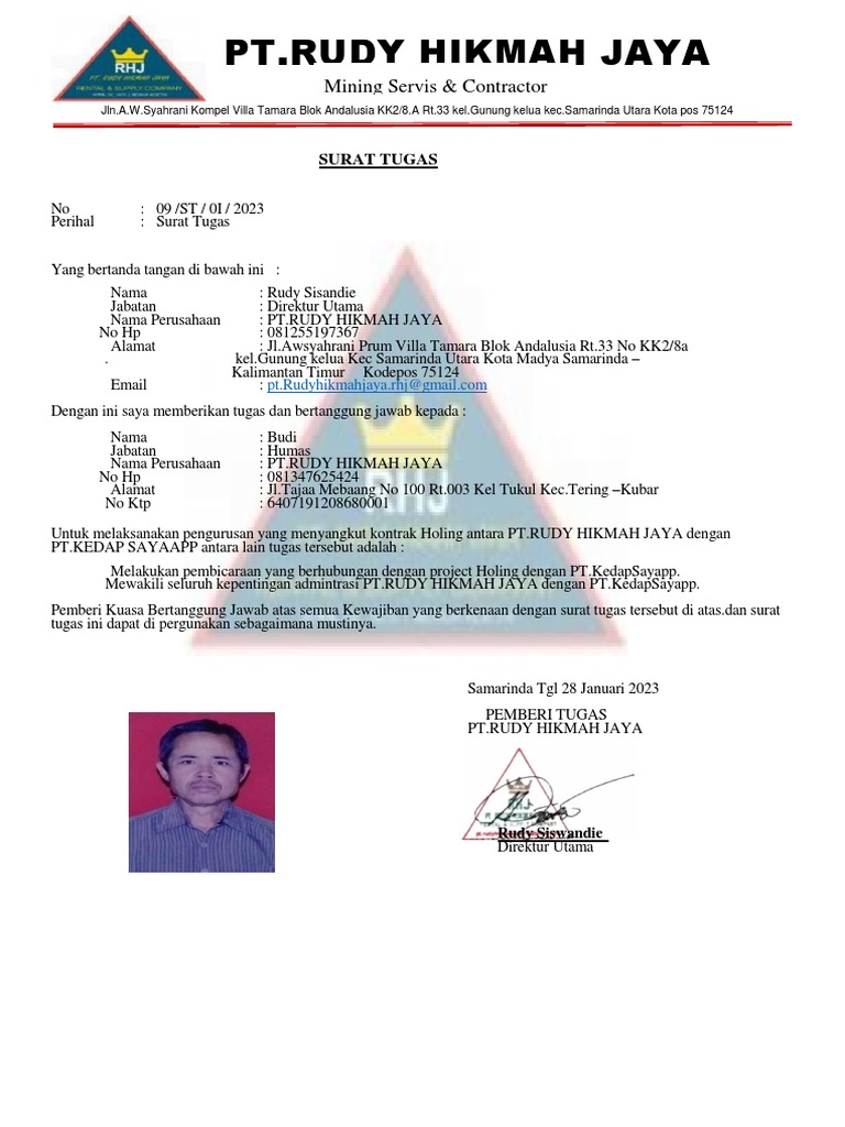 Surat Tugas Humas PT. Rudy Jaya | PDF