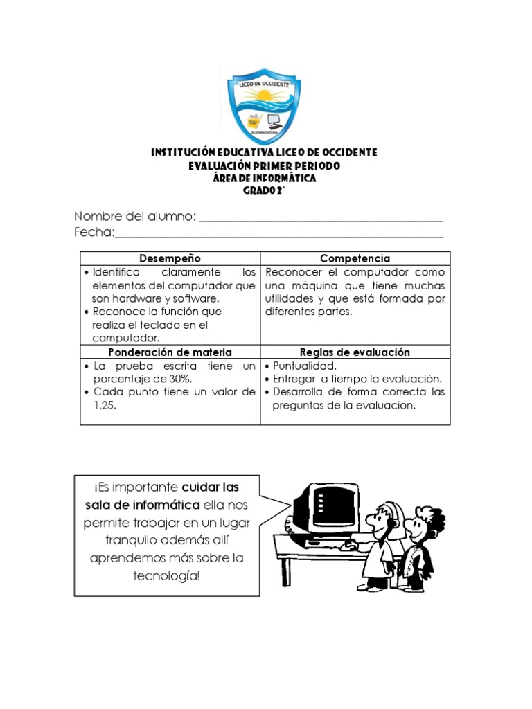 Evaluación de Informática 2° Grado | PDF | Hardware de la computadora ...